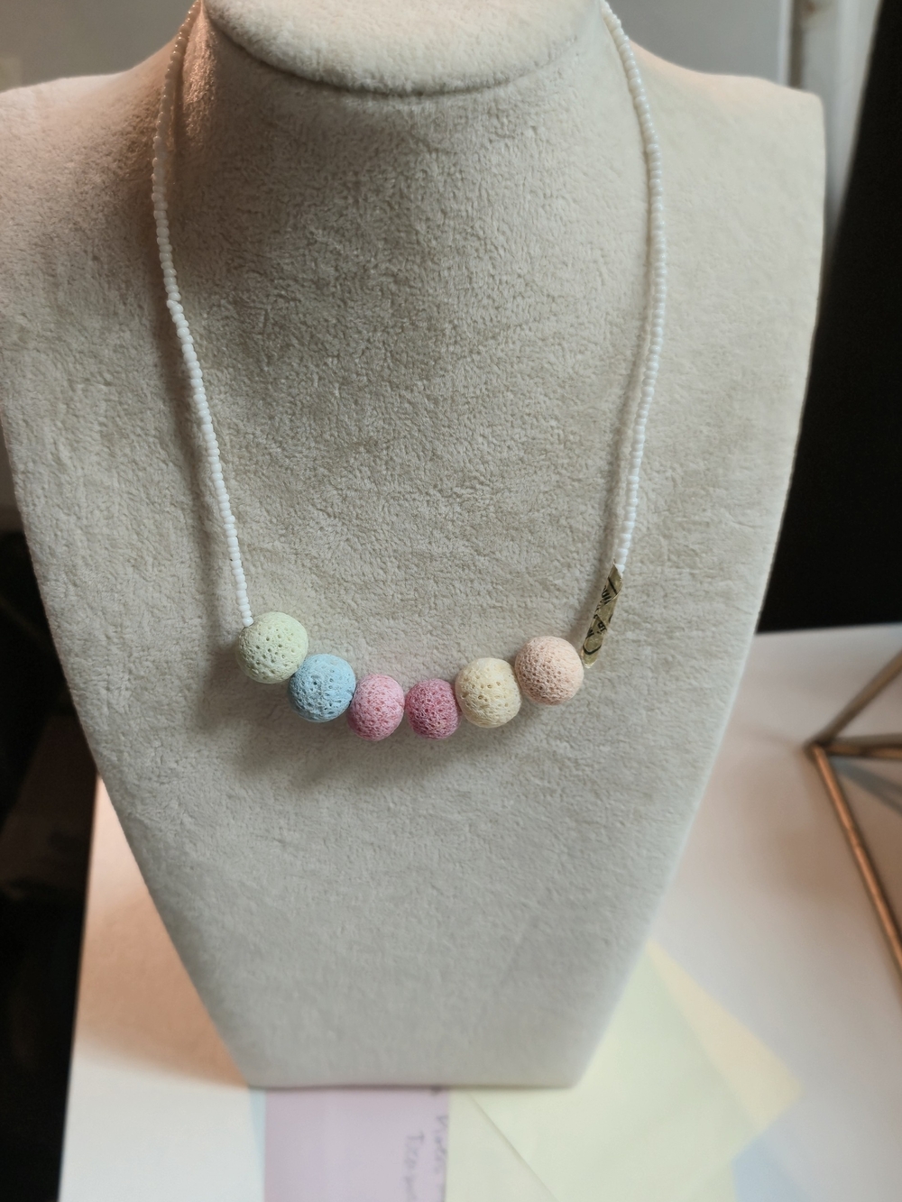 Beaded Pastel Lava Stone Necklace - White Cord